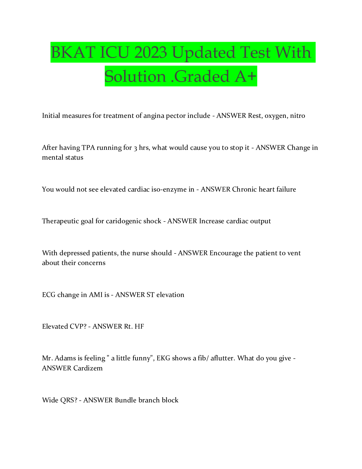 Preview image for BKAT ICU 2023 Updated Test With Solution .Graded A+
